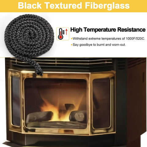 Stove door gasket rope, 7/8 in x 7 ft, black textured graphite-impregnated fiberglass, shown with a lit fireplace stove.