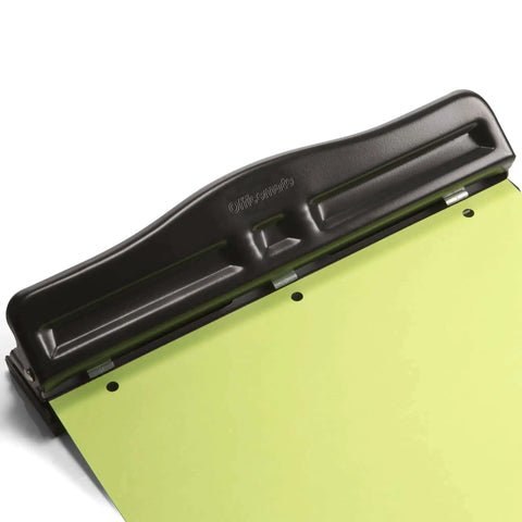 Adjustable Three Hole Punch For Office Documents With 11 Sheet Capacity Black Metal Punch Tool demonstrating use on paper