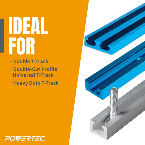 Close-up of blue double-cut profile universal T-track with bolt, ideal for double T-track and heavy-duty woodworking setups.