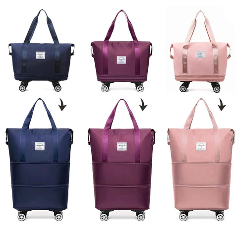 Expandable Foldable Duffel Bag With Detachable Rolling Wheels Converts From Wheeled Luggage To Carry On Tote, blue, purple, pink