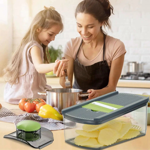 Mandolin Slicer For Kitchen 6 In 1 With 6 Razor Sharp Blades And Expanded Hand Guard Veggie Shredder With Waffle Cutter in use