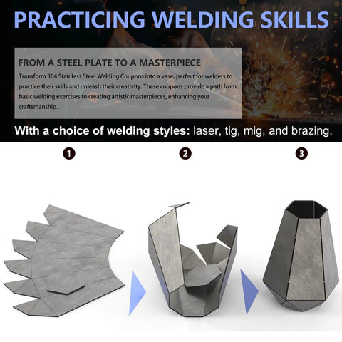 Beginner Welding Practice Kit 17 Gauge 304 Stainless Steel Plate For TIG MIG Mastery showing steps to create a vase.