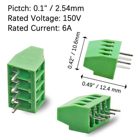 4-Pin 2.54mm Pitch PCB Terminal Block Screw Terminal Connector Kit, 150V 6A Mount, 20 Pieces, side view showing brass pins