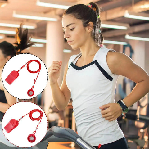 Runner on treadmill with red Two Pack Treadmill Magnetic Safety Keys Replacement, Universal Round Emergency Stop Keys displayed in circles.