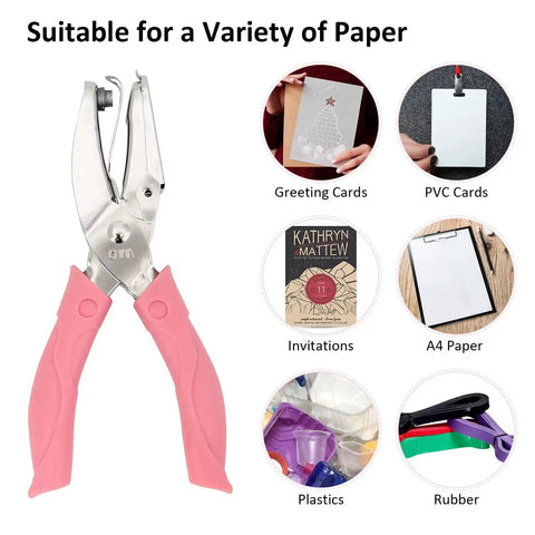 3 Piece Metal Handheld Paper Punch Set With Circle Star Heart Shapes shown with pink non-slip grip, suitable for various papers.