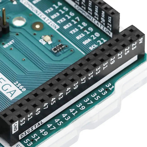 Close-up of Mega 2560 Rev 3 Microcontroller Board with ATmega2560 showing digital I/O pins and part of the circuit board.