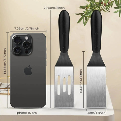 Comparison of set of four mini metal spatulas for kitchen use including slotted and solid spatulas with iPhone 15 Pro size reference.
