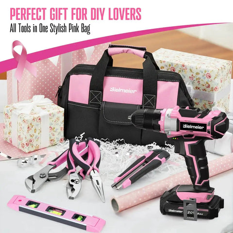 Pink 20V Cordless Drill Kit With 236 Piece Home Tool Set And Pink Carry Bag For Women Handy DIY Electric Screwdriver For Quick Home Repairs Furniture Assembly And Gift Ready displayed with pink carry bag and tools.