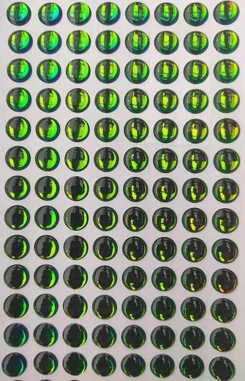 Gradient Green 3D Holographic Fish Eyes For Fishing Jigs And Soft Lure Making, Sizes 4Mm To 10Mm, Realistic Depth Look To Up Your Lure Game, Vibrant Iridescent Finish, Includes 8Mm Pack Of 96 shown in packaging.