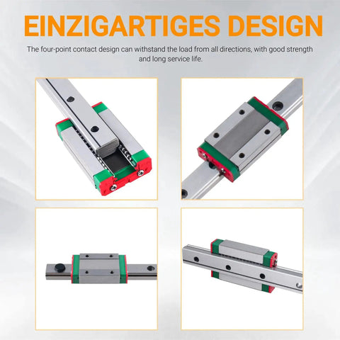 MGN9 Linear Rail Guide 400mm with MGN9 H Type Linear Bearing Sliding Block for CNC, side and front view, four-point contact design