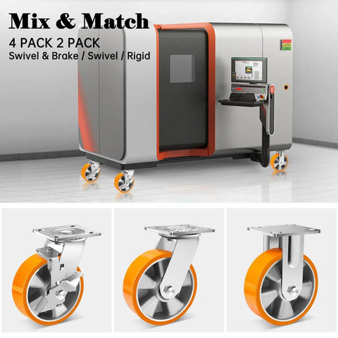 Beefy 6 Inch Industrial Grade Heavy Duty Caster Set Of Four With Brakes, 1250 Lbs Per Caster, 5000 Lbs Total Capacity on machinery