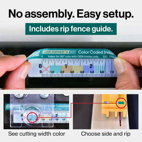 Close-up of GRR Ripper 2GO Push Block for Routers Jointer Band Saw and Table Saw with Green Grip measuring guide setup.