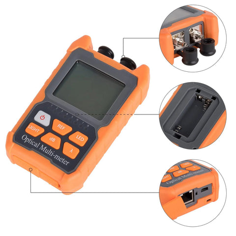 OFCN 4-in-1 optical power meter with VFL, orange handheld device with LCD screen and four orange buttons