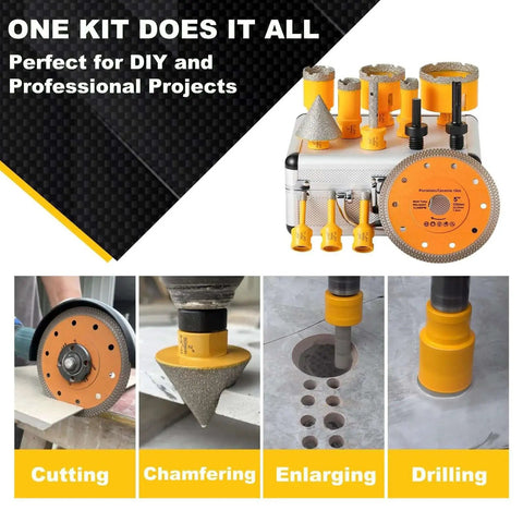 Diamond Core Drill Bit Set For Marble Ceramic And Porcelain Tiles Vacuum Brazed Hole Saw Kit 13 Piece HASFER displayed with use examples.