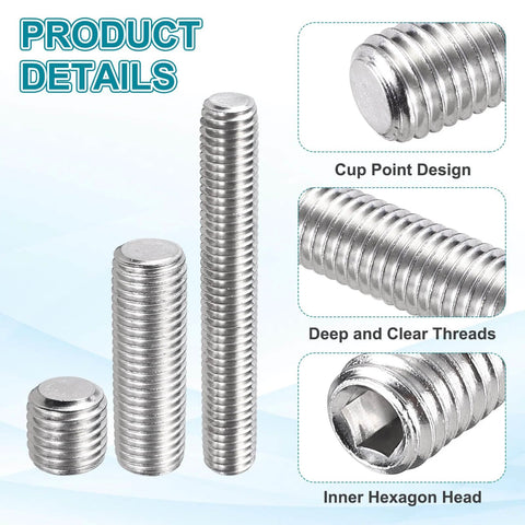 10 Pcs M6-1 X 50mm Grub Screws 304 Stainless Cup Point Allen Head Screws Internal Hex Socket Drive, detail view