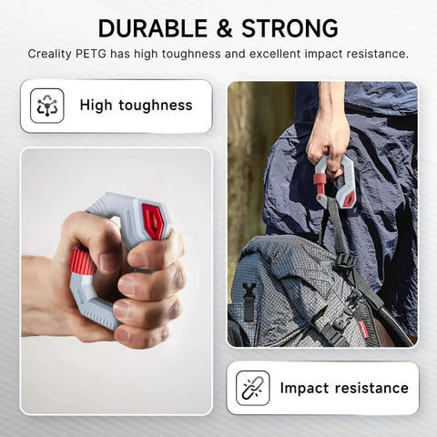 Close-up of hand holding gray and red handle showcasing PETG filament's high toughness and impact resistance.
