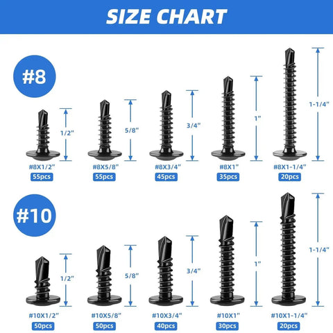 410 Stainless Steel Self Tapping Screws Self Drilling Sheet Metal Screws Black Oxide Assortment size chart, truss head 8 and 10.