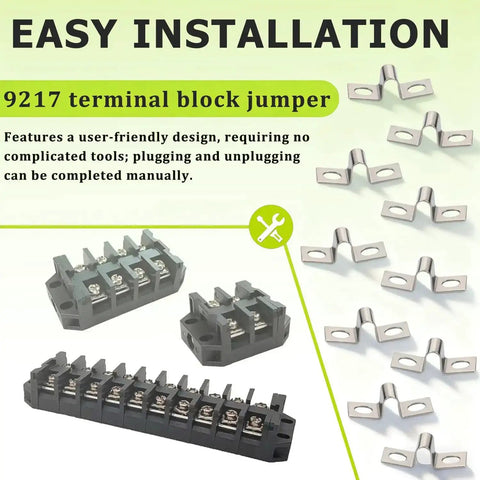 Terminal Block Jumper Wires Tension Clip Kit, 10 Pack, 30A Compatible shown with easy installation and 9217 terminal block