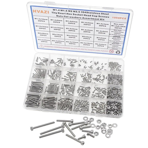 Gearhead Grade 1050 Piece 304 Stainless Steel Knurl Socket Head Cap Screws Hex Nuts And Flat Washers Assortment Kit with metric sizes M1.4 M1.6 M2 and M2.5.