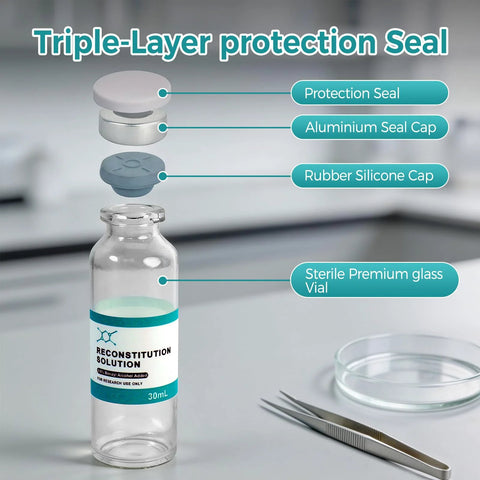 Glass vial with 30ml sterile reconstitution solution, 2-pack, triple-layer seal components shown.