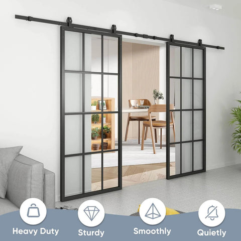 Double Barn Door Set 60x84 Inch With 13 Foot Top Mounted Hardware Kit installed in a living area, showcasing clear tempered glass panels.