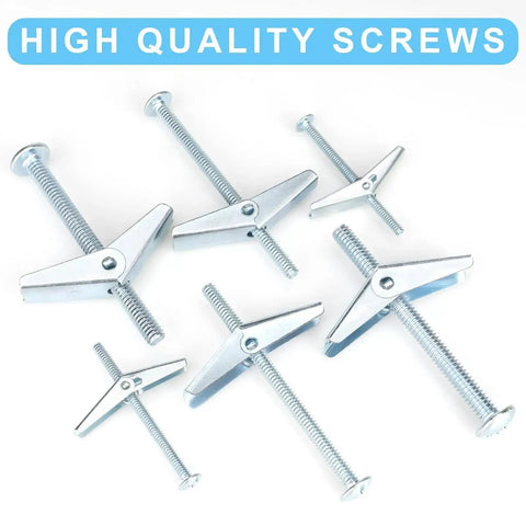 Heavy Duty Drywall Anchors And Screws Kit With Toggle Bolts And Wing Nuts For Hanging Lamps And Heavy Stuff 25 Pack Three Sixteenth Inch Assortment Set For Solid Mounts, showing metal toggle bolts and screws.
