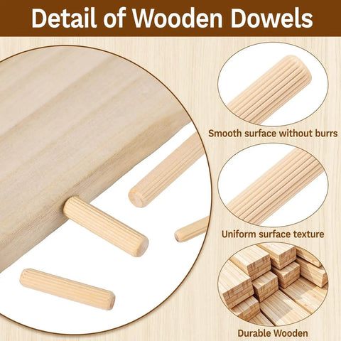 Detail view of 250 Piece Fluted Wood Dowels Set In 1/4 Inch, 5/16 Inch, And 3/8 Inch Sizes For Crafts, Furniture, And Woodworking Projects.
