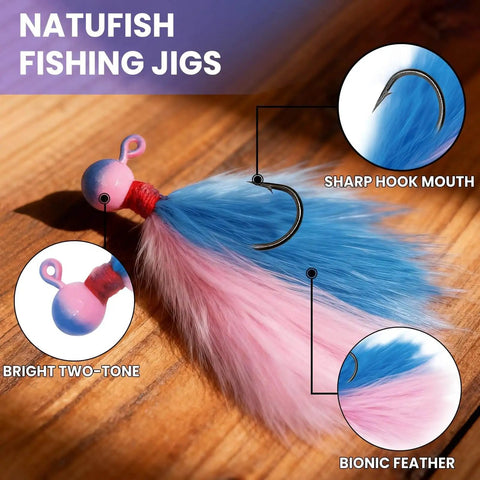 Close-up view of a jig from the Five Piece Mixed Color Crappie Jigs Kit With Hand Tied Marabou Jigs One Sixty Fourth To One Quarter Ounce Freshwater And Saltwater Lures For Trout Bass Crappie And Walleye All Purpose Dope Tackle, featuring sharp hook mouth and bright two-tone bionic feather.