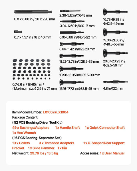 52 Piece Custom Bushing Bearing And Seal Driver Set And 16 Piece Slide Hammer Puller Kit, showing sizes and components with 49 bushings and 10 collets.