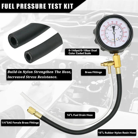 Universal Fuel Pressure Tester Kit For Cars Trucks Motorcycles 0-140 PSI with pressure gauge and nylon hoses