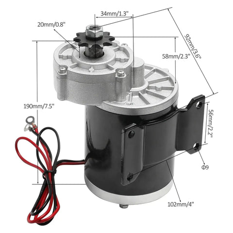 48V 600W brushed DC gear motor with mounting bracket and wiring for DIY go-kart or quad.