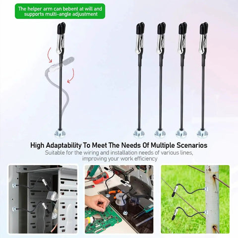 4 Pack Magnetic Helping Hands Soldering Holders for Welding Projects with Strong Magnetic Bases, shown in different uses.