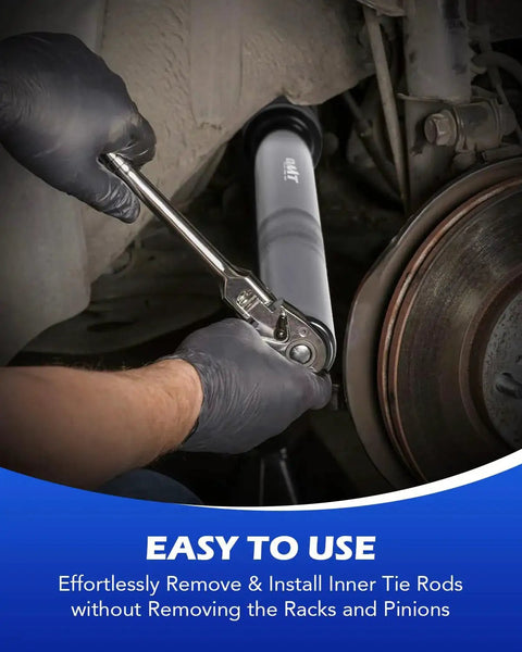 Mechanic using Inner Tie Rod Removal Tool Kit With 12 Crowfoot Adapters One Half Inch Drive to remove tie rod on vehicle.