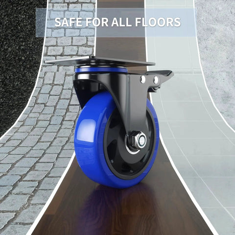 5 Inch Caster Wheels With Safety Dual Locking Heavy Duty Set Of 4, blue polyurethane wheel on various flooring types