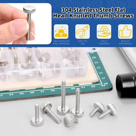 35 Piece M4 Knurled Thumb Screw Set With Seven Lengths 8mm 10mm 12mm 16mm 20mm 25mm 30mm Fully Threaded Round Flat Knurled Head Bolts Shoulder Grip Fasteners For Electronics And Mechanical Projects With Grab And Go Storage Case displayed on a mat with storage case