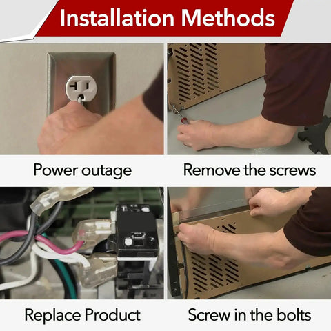 Four-step installation for Six Pack Universal Refrigerator Start Relay And Overload Protector Kit; focus on power and attachment.