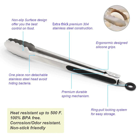 Two Pack 9 Inch And 12 Inch Stainless Steel Kitchen Tongs With Locking Mechanism Brushed Black Finish Ergonomic Grip features diagram