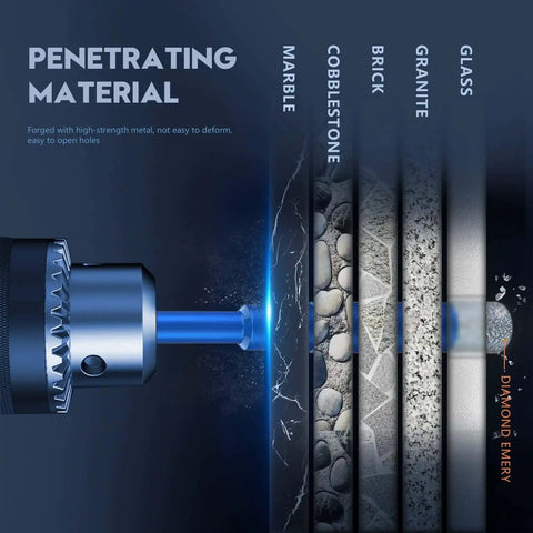 5 Piece Pro Grade Dry Diamond Core Drill Bits Set Three Sixteenth Inch For Ceramic Porcelain Tile Granite Marble Glass And Other Hard Materials Diamond Hole Saw Kit With Cooling Wax And Round Shank drilling through various materials including marble and granite.