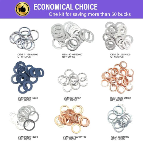 140 Pcs Oil Drain Plug Gasket Assortment Kit For Toyota Honda Subaru VW Audi Mercedes Benz With Premium Aluminum Copper Crush Washers And Seals OEM Numbers Included