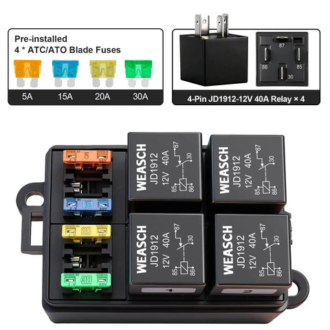 12V 4 Way Fuse Relay Box With Four Relays And Four ATC And ATO Fuses, Universal Fuse And Relay Block For Cars Trucks Jeeps ATVs RVs
