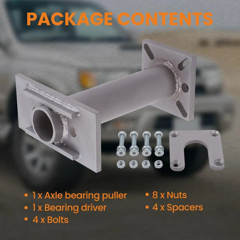 Package contents showing Rear Axle Bearing Puller With 40mm Bearing Driver And ABS Tone Ring Tool components on display.