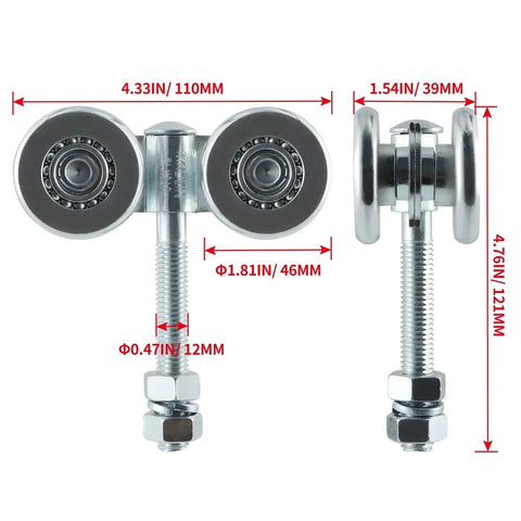 Box Rail Hanger Set 2 Pack With Double Wheel Rail Trolleys For Sliding Barn Doors Total Load Capacity 441 Lbs Zinc Coated Steel For Rust Resistance Smooth Quiet Operation And Durable Barn Door Hardware, front view.