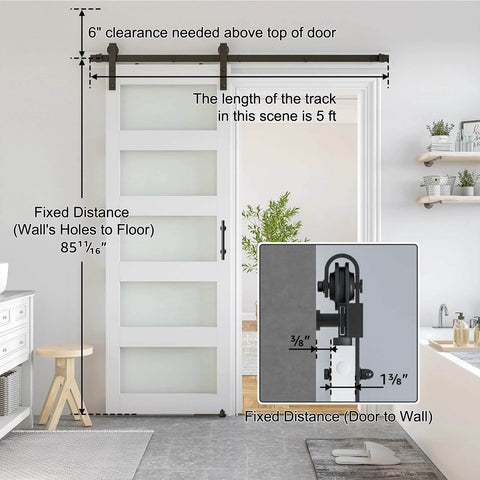 Glass Barn Door 28 x 84 In With 5 Ft Sliding Hardware Kit And Handle, Pre-Drilled Ready To Assemble, Waterproof PVC Coating