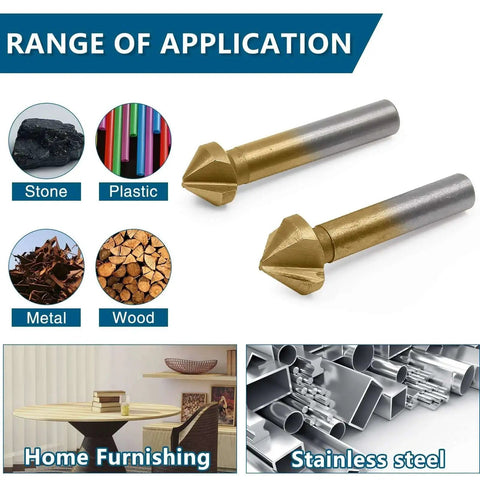 6 Pack 3 Flute 90 Degree Countersink Drill Bit Set Titanium HSS Chamfering Tool Kit shown with application examples