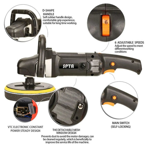 7 Inch Rotary Car Polisher With 1200W Motor, Variable Speed Control, Digital Display, Auto Detailing Buffer Kit, side view with features