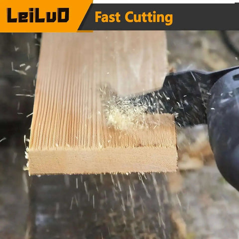Close-up of 15 Piece Japanese Teeth Oscillating Saw Blades cutting wood, showing precise edge with fast cutting action.
