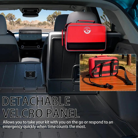 Essential 418 Piece First Aid Kit in car trunk, showing tear-resistant survival supplies with detachable velcro panel for emergencies.