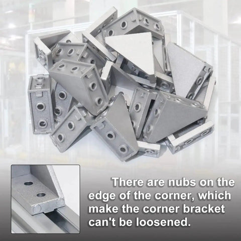 2040 Corner Bracket Kit For Aluminum Extrusion Rails, 20 Corner Brackets with nubs on edge, shown stacked for DIY Builds and Projects