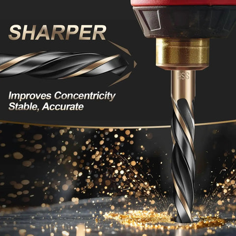 Close-up of 13pcs Hex Shank Drill Bit Set, Professional HSS Nitriding Twist Drill Bits with black and gold coating in use.