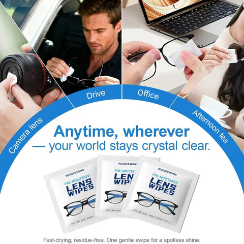 Collage of Pre Moistened Lens Cleaning Wipes Ammonia Free Scratch Free 120 Count used on camera, glasses, and phone screen